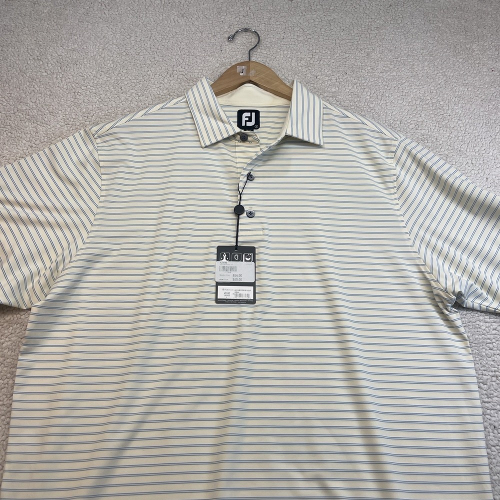 FootJoy Polo Shirt Mens Large Cream Blue Striped ProDry Shadow Wood Logo NWT